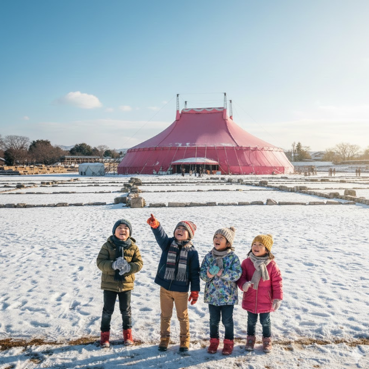 平城宮跡歴史公園の広大な敷地に立つカラフルなサーカスのテントと、それを楽しそうに見上げる日本の子供たち