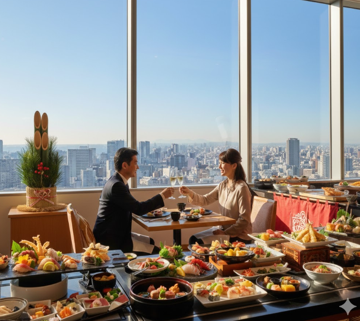 窓から見晴らしの良い景色が見える高層階のレストランで、夫婦が新春ランチバイキングを楽しんでいる。