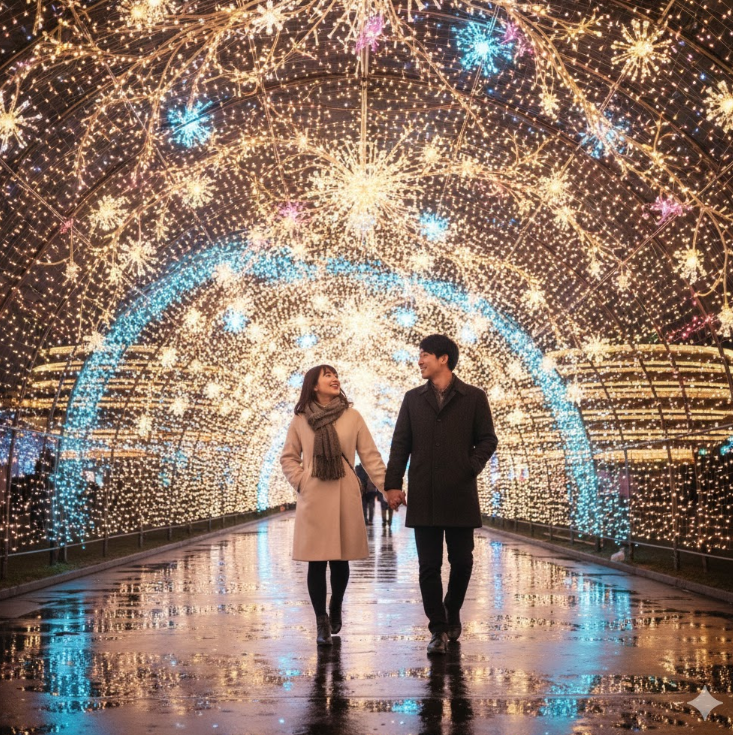 天理駅前広場「コフフン」で開催されている光の祭典の幻想的な「光のトンネル」の中を歩く若い日本のカップル。