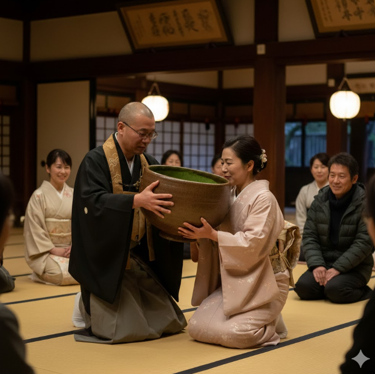 西大寺の伝統行事である「初釜大茶盛式」で、巨大な茶碗を二人で持ち上げてお茶を飲む僧侶と参拝客（日本人）の様子。