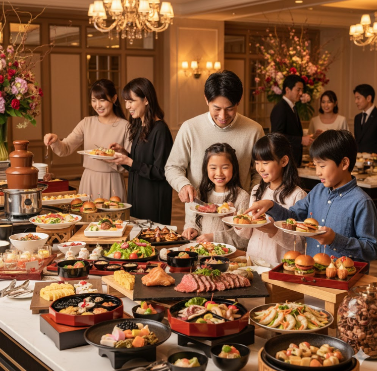ホテルのブッフェ会場で、おせち料理やステーキが並べられた豪華な料理台と、料理を楽しむ日本の家族連れ。