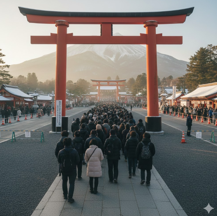 大神神社（三輪明神）の鳥居と参道に続く初詣の長い列。交通規制により車ではなく公共交通機関を推奨する雰囲気。