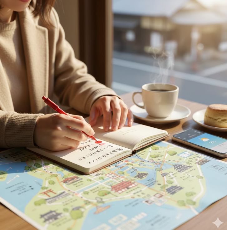 奈良公園周辺の観光地を巡るための地図と、それにマーカーを付けながらスケジュールを立てている日本人女性の手元。