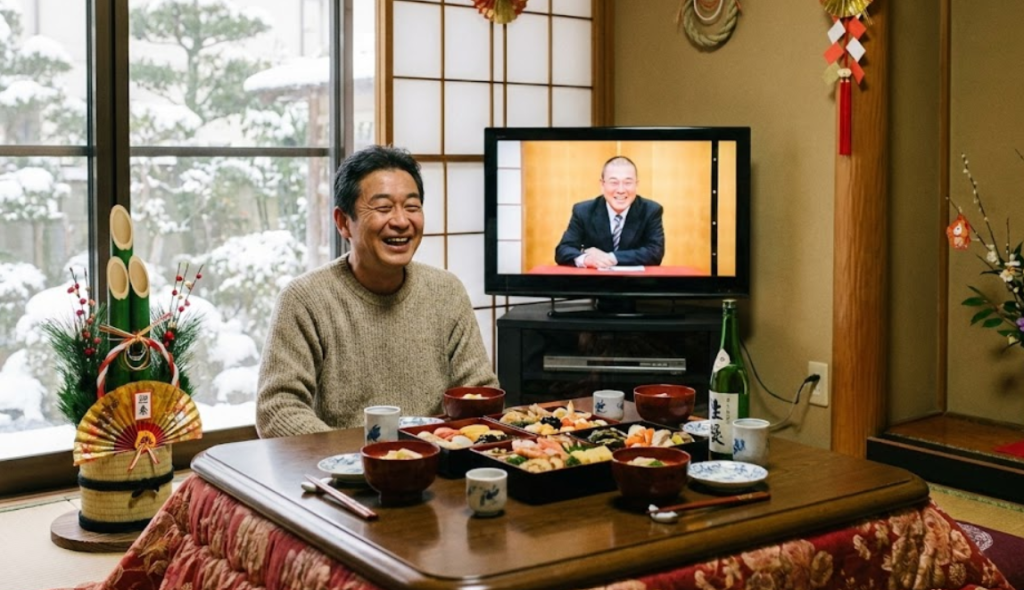お正月に自宅で一人で、楽しく過ごす男性の様子