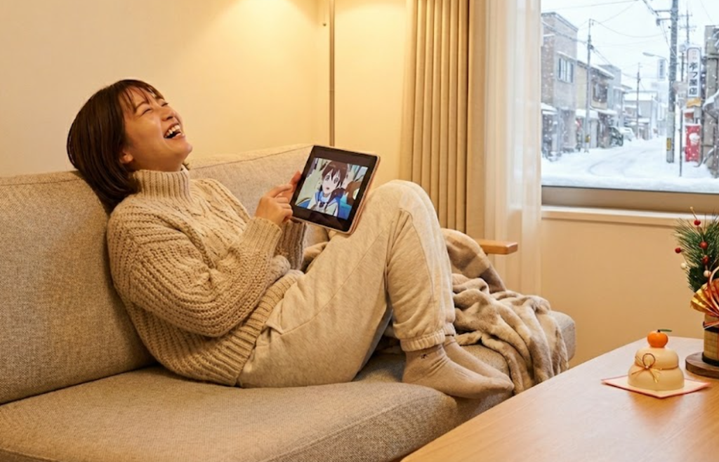 年末年始、部屋で動画や漫画を楽しむ女性