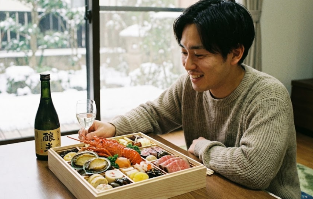 自宅で、1人用おせちや豪華な食材を一人で楽しむ若い男性