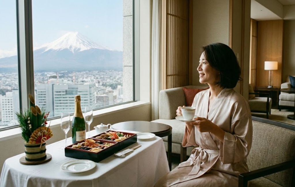 お正月に一人で素敵なホテルに泊まっている女性が満足げな表情をしている様子