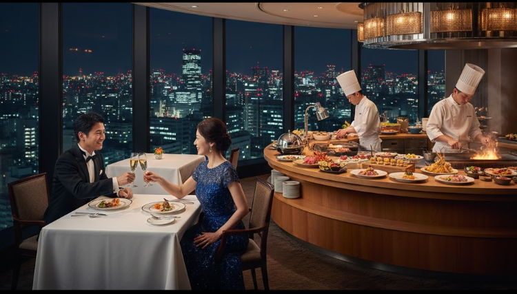 煌めく東京の夜景を背景に、タキシードとドレスを着たカップルが高級ホテルのディナーバイキングでシャンパンを傾けている。