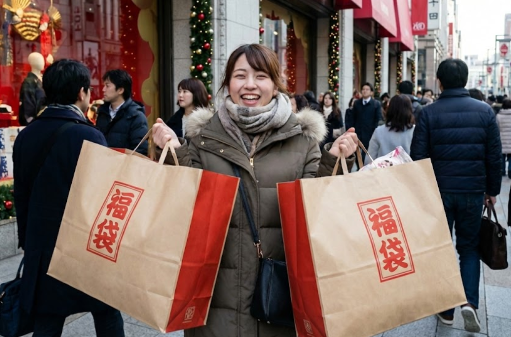 人気の福袋をゲットして喜ぶ女性の様子