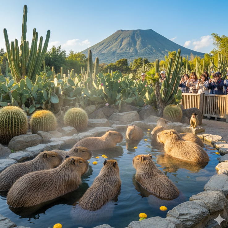 伊豆シャボテン動物公園でカピバラが温泉に入っている様子