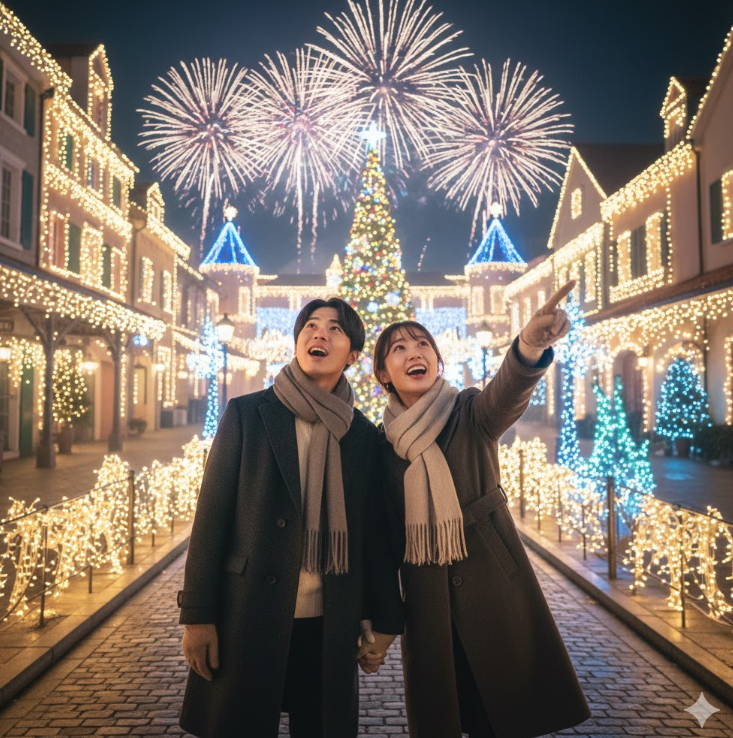 和歌山マリーナシティの光の祭典「フェスタ・ルーチェ」を見て感動している若いカップルの様子