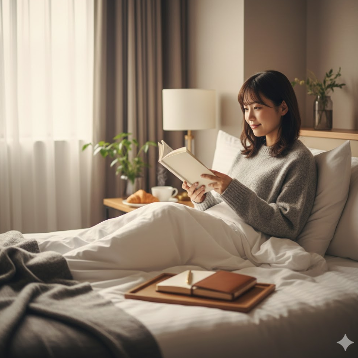 ホテルの快適なベッドで読書や手帳書きを楽しむ日本人女性。自分へのご褒美としての「何もしない贅沢」な時間を表現。