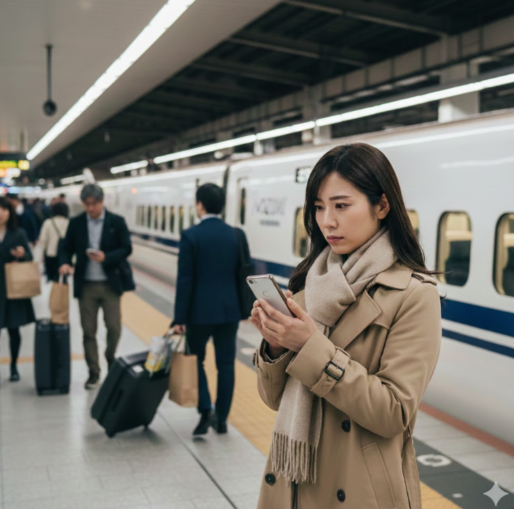 新幹線ホームでスマートフォンでチケットの予約を確認する日本人女性。年末年始の全席指定新幹線の早めの予約と移動準備の重要性。