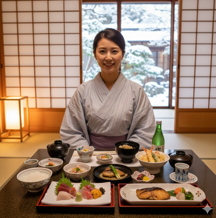 旅館の個室で提供される色鮮やかな和食の夕食(懐石料理)。年末年始の一人旅における二食付きプランによる食事確保の安心感を表現。