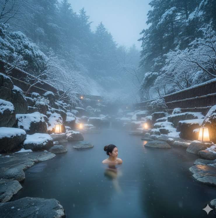 深い雪に囲まれた静かな奥地の露天風呂(雪見露天)。混雑を避けた温泉地での年末年始の静かな滞在。
