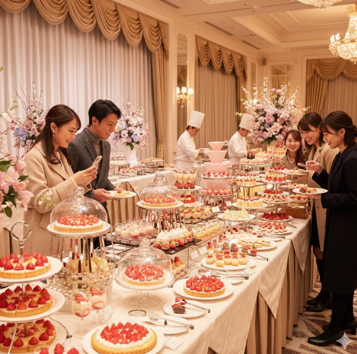 「新春いちごフェア」の看板がある会場で、人々が色とりどりのいちごスイーツを楽しんでいる。