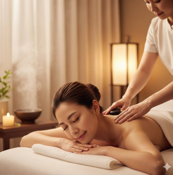 リラックスした雰囲気のスパでマッサージを受ける日本人女性。年末年始に心身を整えるデトックスとリトリート旅のイメージ。