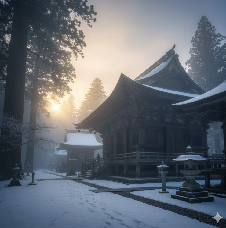 早朝の霧に包まれた荘厳な寺院の風景。宿坊やパワースポットでの静かで精神的な充足感のある年越し。