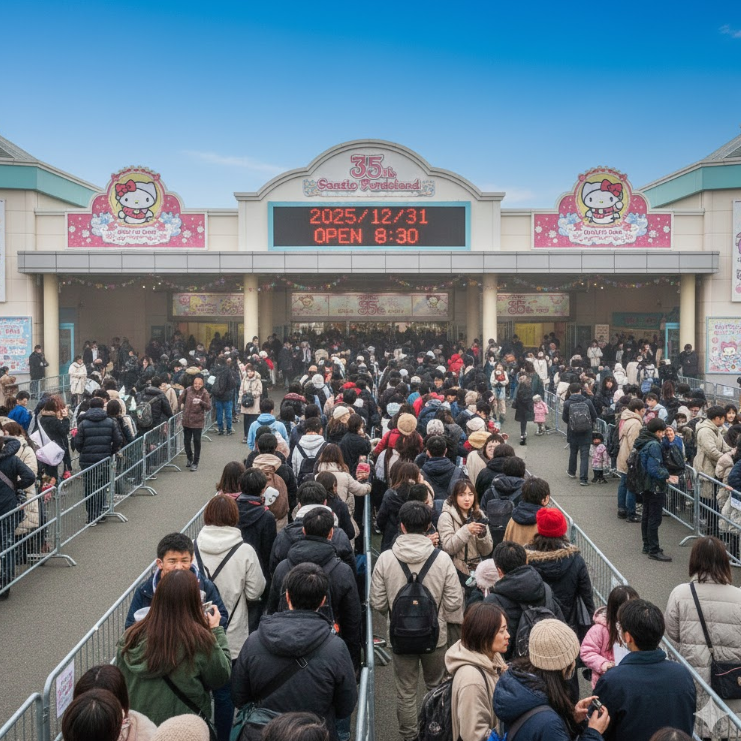 混雑したサンリオピューロランドのエントランス。大勢の来場者が開園待ちの列をなしており、年末年始の繁忙期の様子を示す。