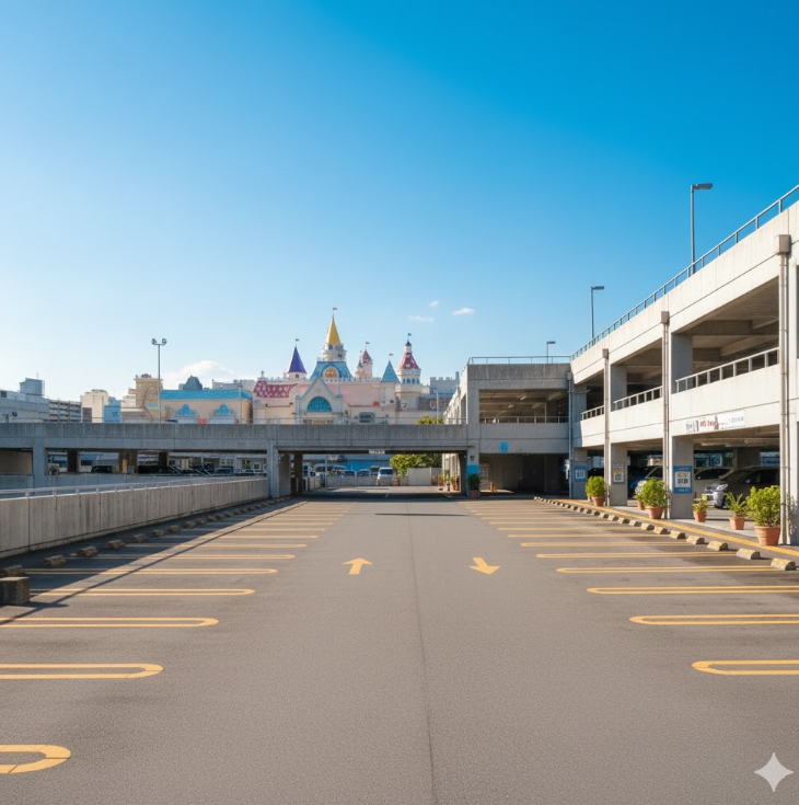 サンリオピューロランドから徒歩圏内にある多摩センター周辺の広々とした駐車場の風景。空きがあり、公式駐車場を避ける裏技を示唆する画像。