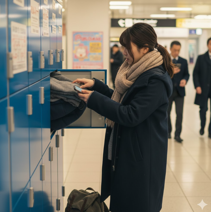京王・小田急多摩センター駅構内にあるコインロッカーに、厚手のコートや荷物を預けている日本人の女性の手元。ロッカー戦略の裏技を示す。