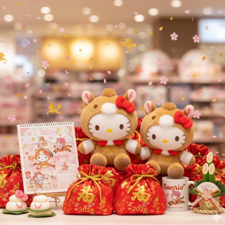 2026年の干支である「午（うま）」の着ぐるみを着たサンリオキャラクター（マイメロディやキティなど）の可愛らしいぬいぐるみや福袋のイメージ。