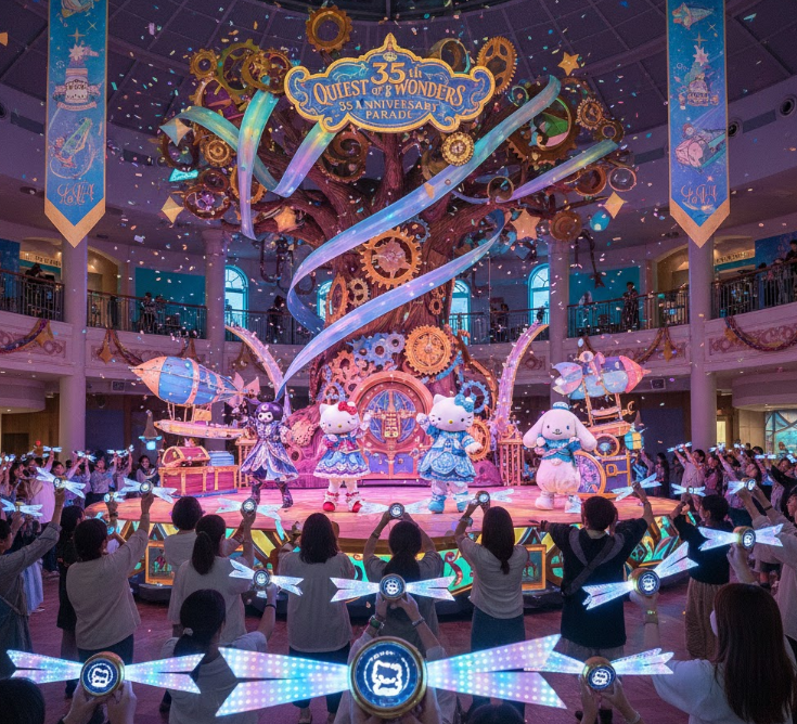 35周年を記念した特別装飾が施されたサンリオピューロランドの館内。中央の知恵の木ステージ付近で、来場者がワンダーリボンライトを手にパレードを楽しんでいる様子。