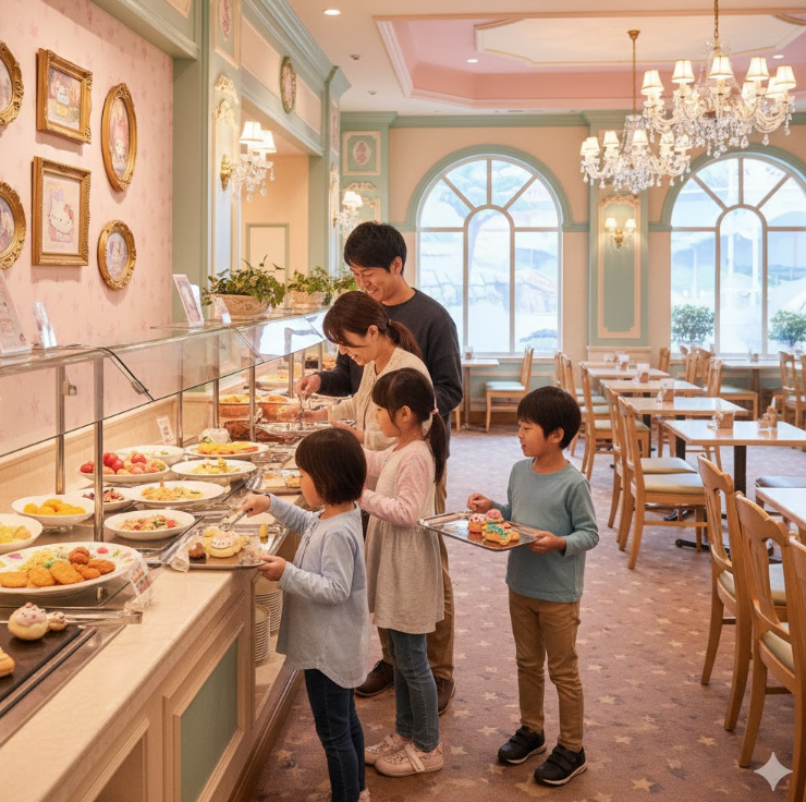 サンリオピューロランド内の「館のレストラン」で、ビュッフェ形式の料理をトレイに取る家族連れの様子。席が空いており、食事の時間をずらしたことによる快適さを示唆。
