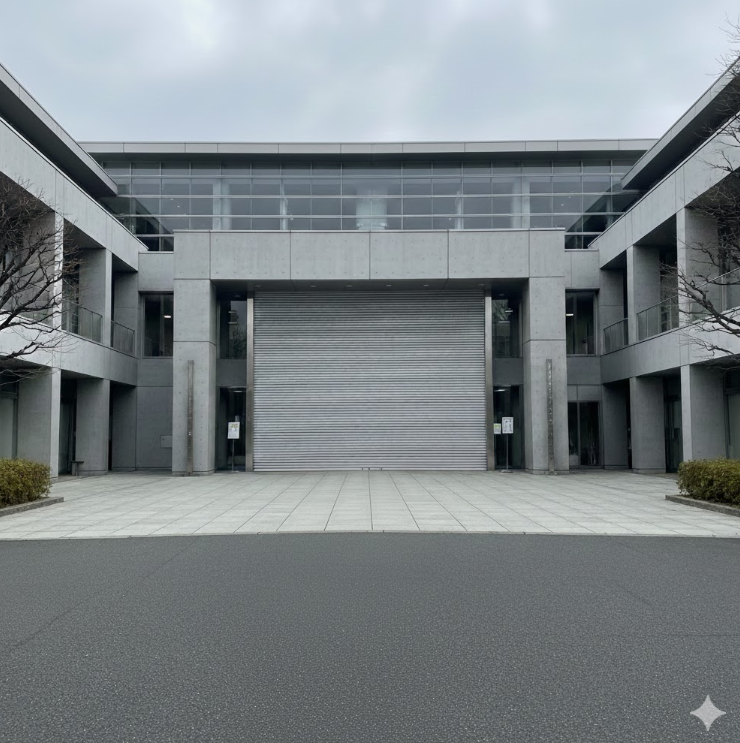 閉館を示すシャッターが下りた図書館の外観。年末年始の長期休館を連想させる寂しい風景。