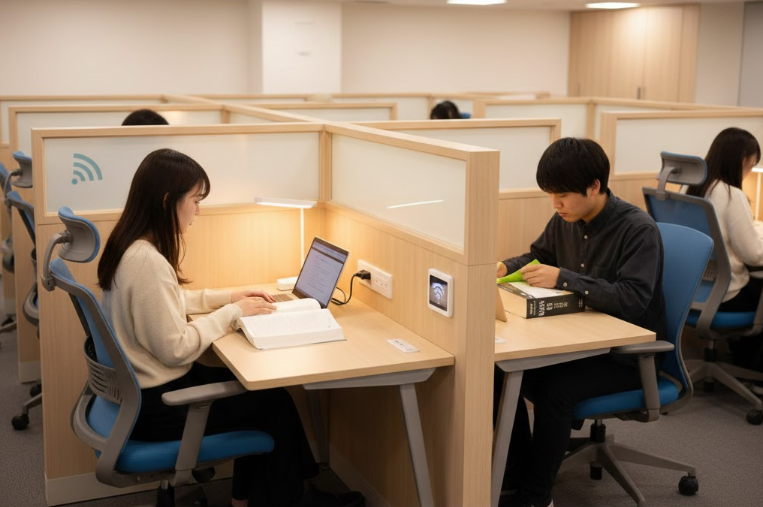 清潔で静かな有料自習室の風景。電源とWi-Fiが完備された個別のブースで、数名のアジア人(日本人)が集中して勉強している様子。