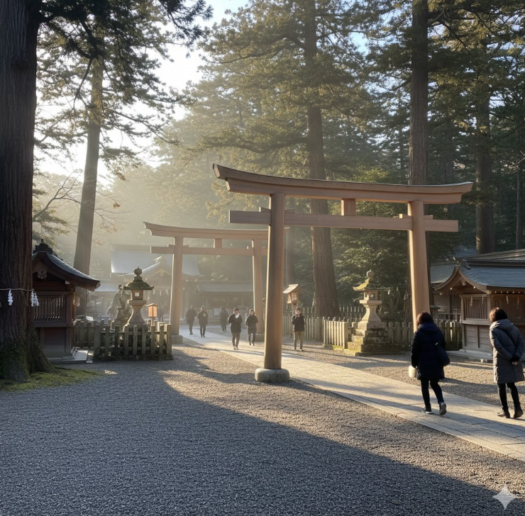 早朝の伊勢神宮内宮。穏やかな光が差し込む厳かな雰囲気の中で、数名の参拝客が静かに歩いている。