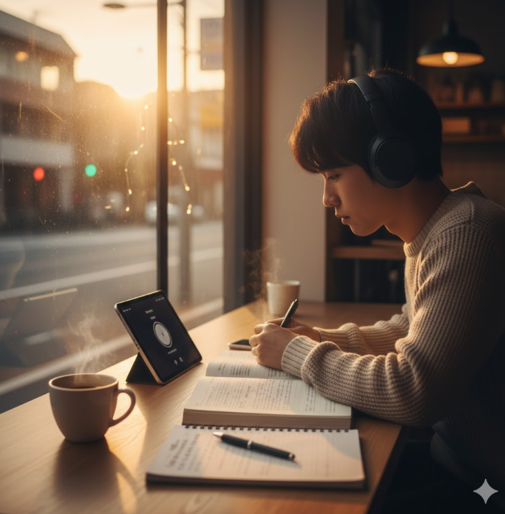 早朝のカフェで勉強している若者の風景