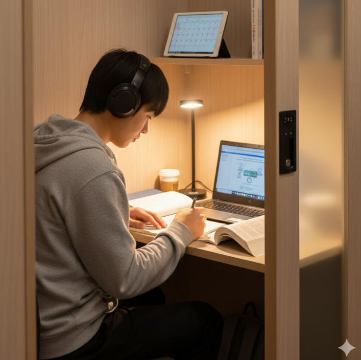 ネットカフェの鍵付き完全個室で、ヘッドホンを装着し、静かに勉強に取り組むアジア人(日本人)の受験生。個室のプライベートな空間。