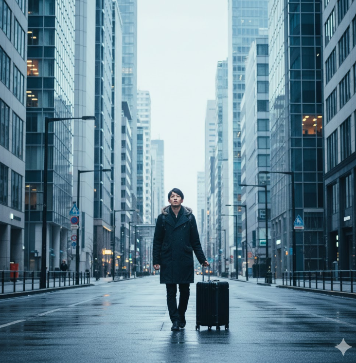 東京や大阪のような大都市の静まりかえったビジネス街の風景。ビル群の中をキャリーケースを持って歩くアジア人(日本人)の姿。