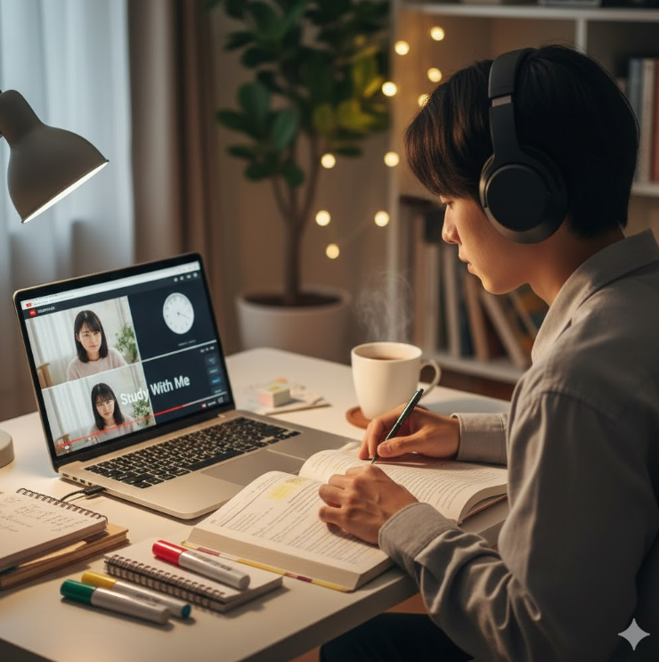 自宅の机の上でノートパソコンに「Study With Me」動画を映し出し、イヤホンをして自宅学習に励むアジア人(日本人)の若者。