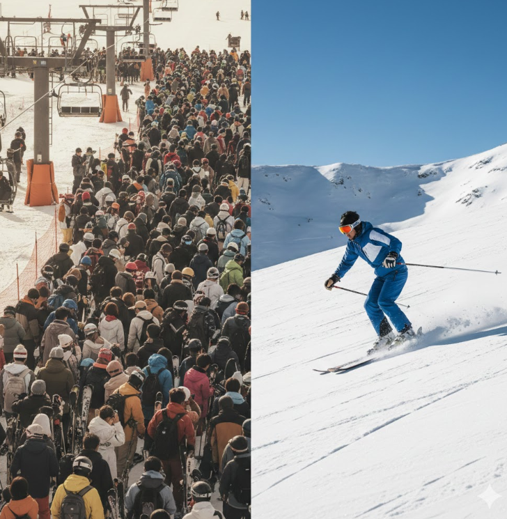 年末年始のスキー場で、長蛇のリフト待ちの列と、対照的に広々とした空いているゲレンデを滑走するスキーヤーの対比。混雑回避の戦略を表現。