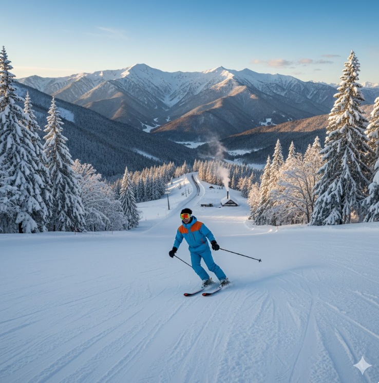 関東圏からインターチェンジを降りてさらに奥地へ進んだ、雪質の良い静かなゲレンデで、ゆったりと滑走を楽しむアジア人スキーヤー。