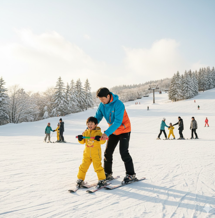 スキーヤー専用のゲレンデで、アジア人の親が子供にスキーを教えている様子。周りにスノーボーダーがおらず、安心して滑っている家族の風景。