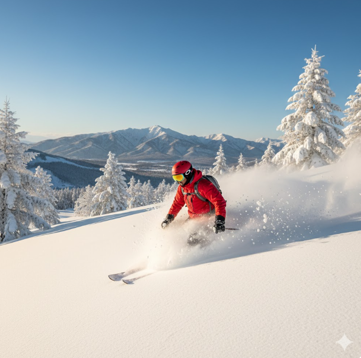 北海道の旭川周辺にあるローカルなゲレンデで、誰もいない良質なパウダースノーの中、雪煙を上げながら軽快に滑るアジア人スキーヤー。