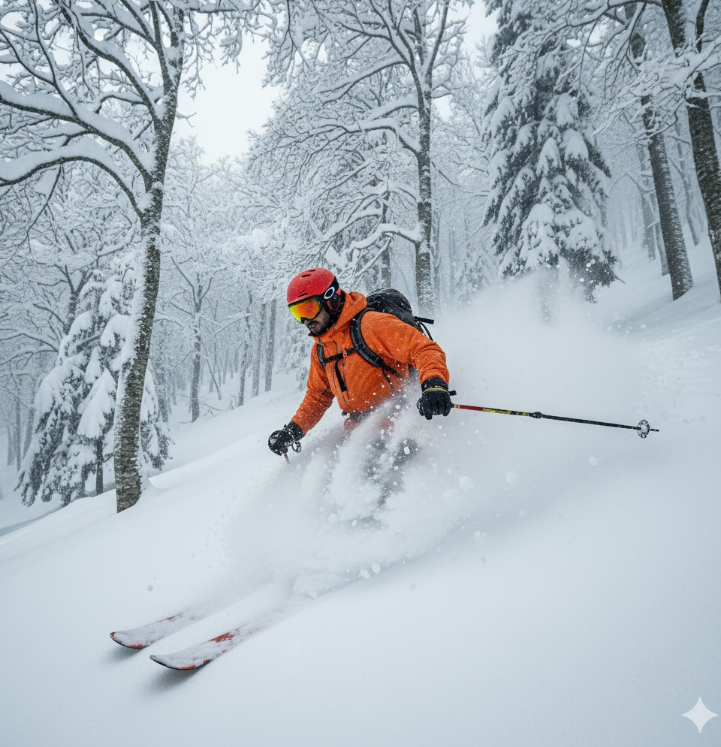 東北地方の豪雪地帯にあるスキー場で、深雪のツリーランエリアを滑走するアジア人上級者スキーヤー。専門的な経験と挑戦を表現。