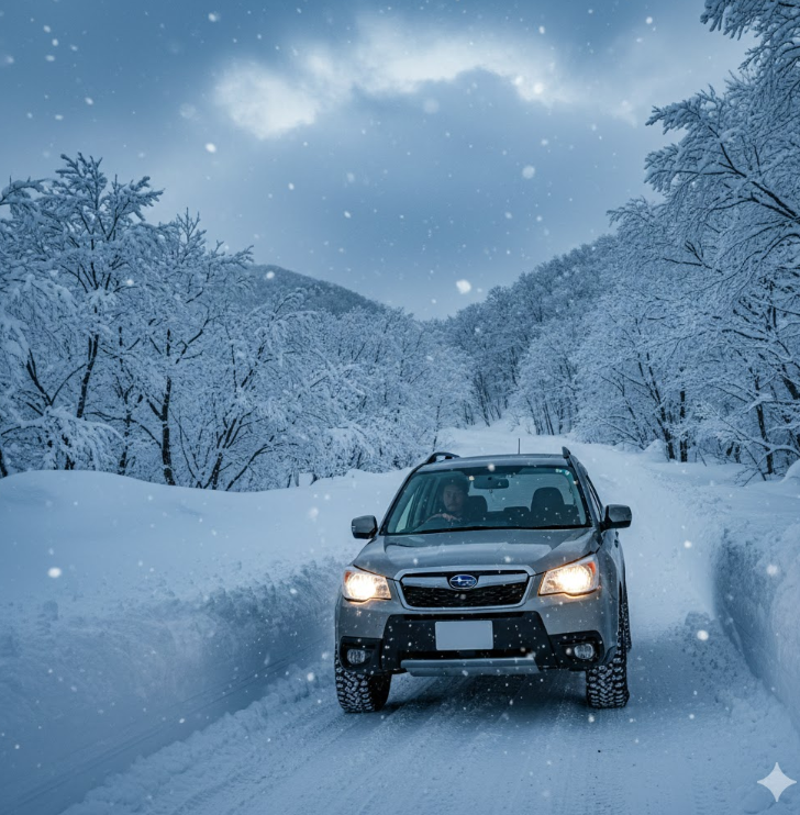 関西からアクセスする際に必要となる、雪が深く積もった山道を慎重に運転する車（アジア人ドライバー）の様子。アクセスの難しさと秘境感を表現。