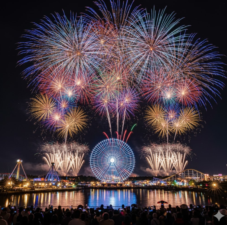 ナガシマスパーランドのカウントダウンイベントで打ち上がる大花火。夜空に色とりどりの花火が輝き、観覧車やアトラクションの光が祝祭感を高めている。