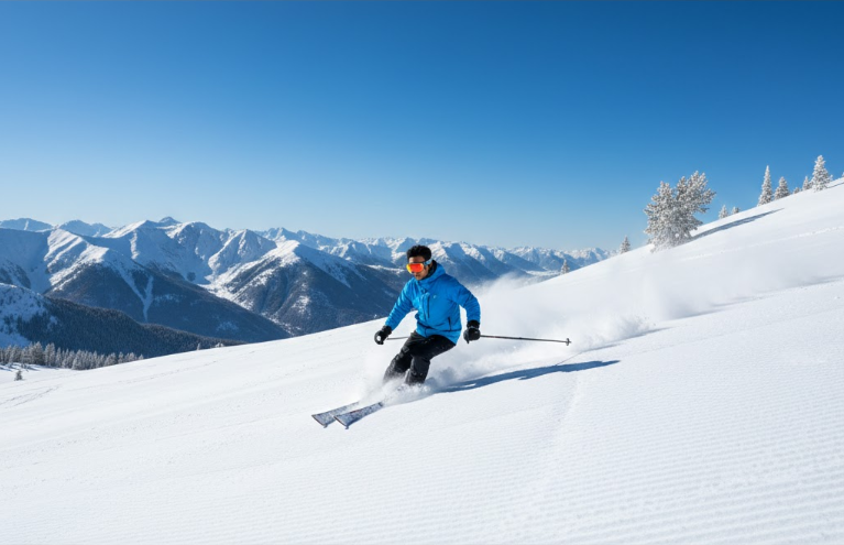 晴天の元、誰もいない広大なパノラマゲレンデの頂上から、気持ちよさそうに滑り降りるアジア人スキーヤー。記事が提唱するストレスフリーな最高のスキー体験の結末。