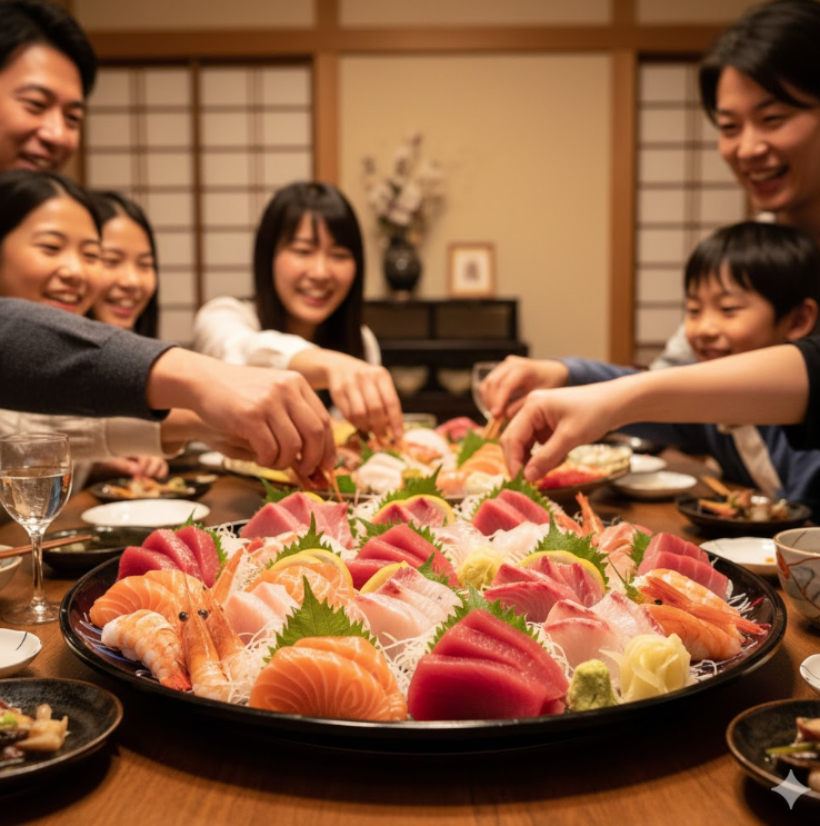 大晦日の夜に家族で楽しむ、新鮮なマグロやサーモンが並ぶ豪華なお寿司の盛り合わせ
