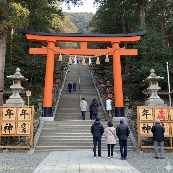 多度大社の鳥居と、参道に続く石段。参拝客がまばらに歩く中、境内には「午」の文字が書かれた絵馬が飾られている。
