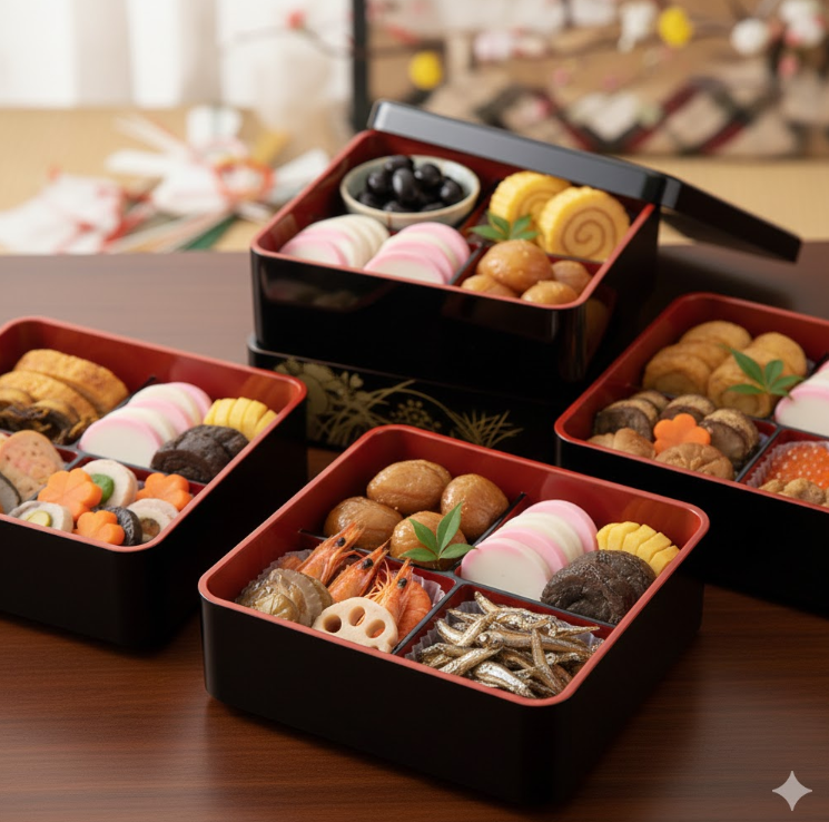 黒豆や伊達巻、紅白かまぼこなどが美しく詰め合わされた伝統的なおせち料理