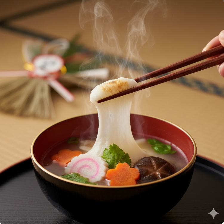 お箸で持ち上げられた柔らかいお餅と、彩り豊かな具材が入ったお正月の伝統的なお雑煮