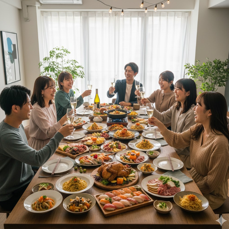 おしゃれな部屋のダイニングテーブルにごちそうが並んでいる様子