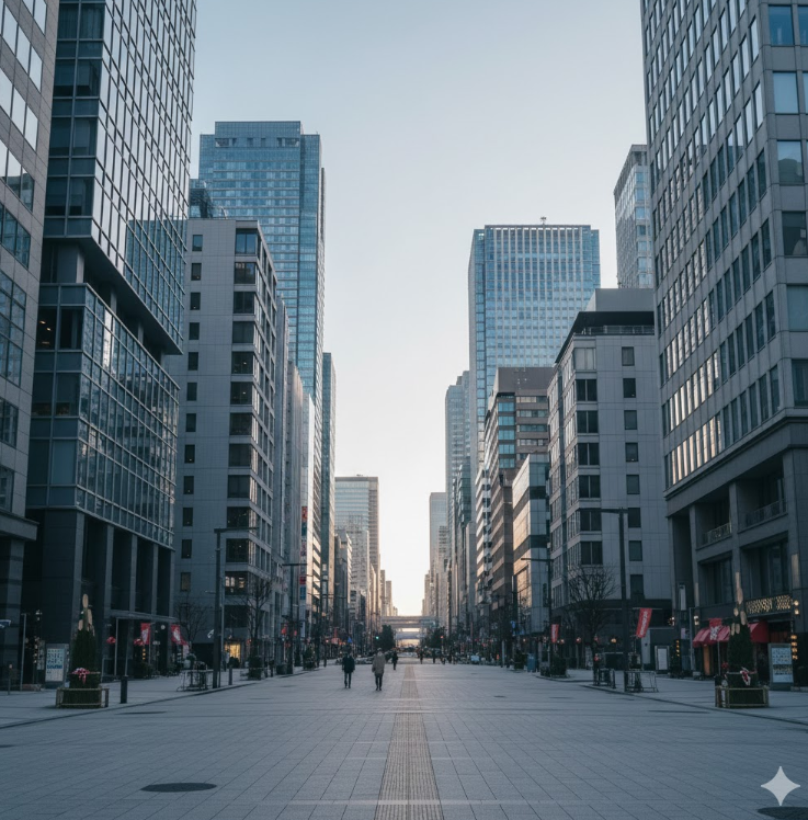 年末年始の9連休で人が少なくなり、静まり返った東京の近代的なビジネス街の風景