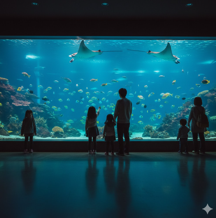 冬の寒さを避けて屋内の水族館でゆったりと魚を鑑賞する日本人の家族連れ